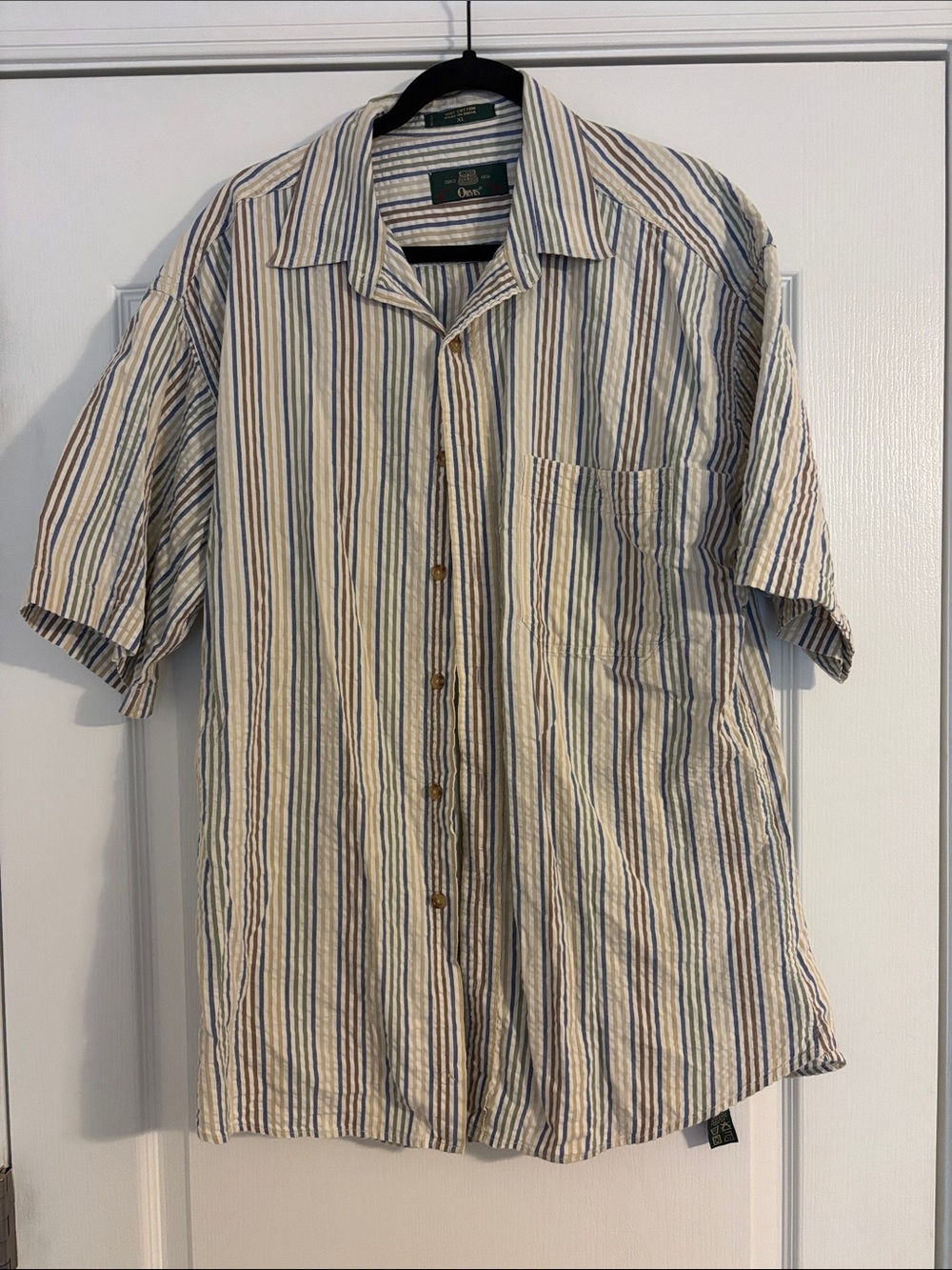 Vintage Orvis Beige and Blue Striped Short-Sleeve Button-Down Shirt 100% Cotton